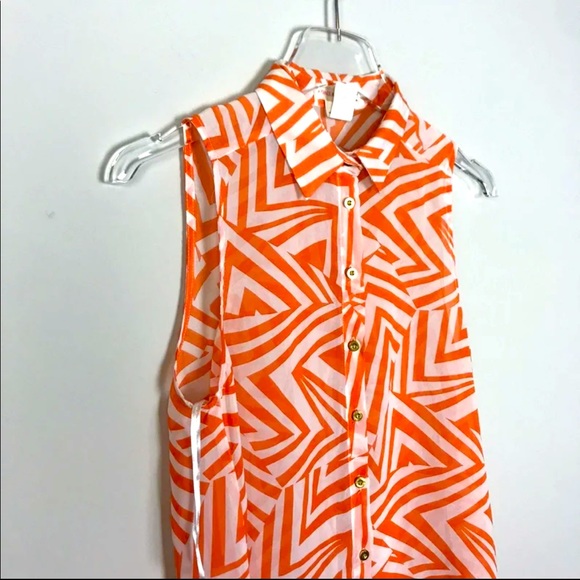 Sheer Orange And White Sleeveless Geometric Print Button-Up Top - Picture 2 of 5
